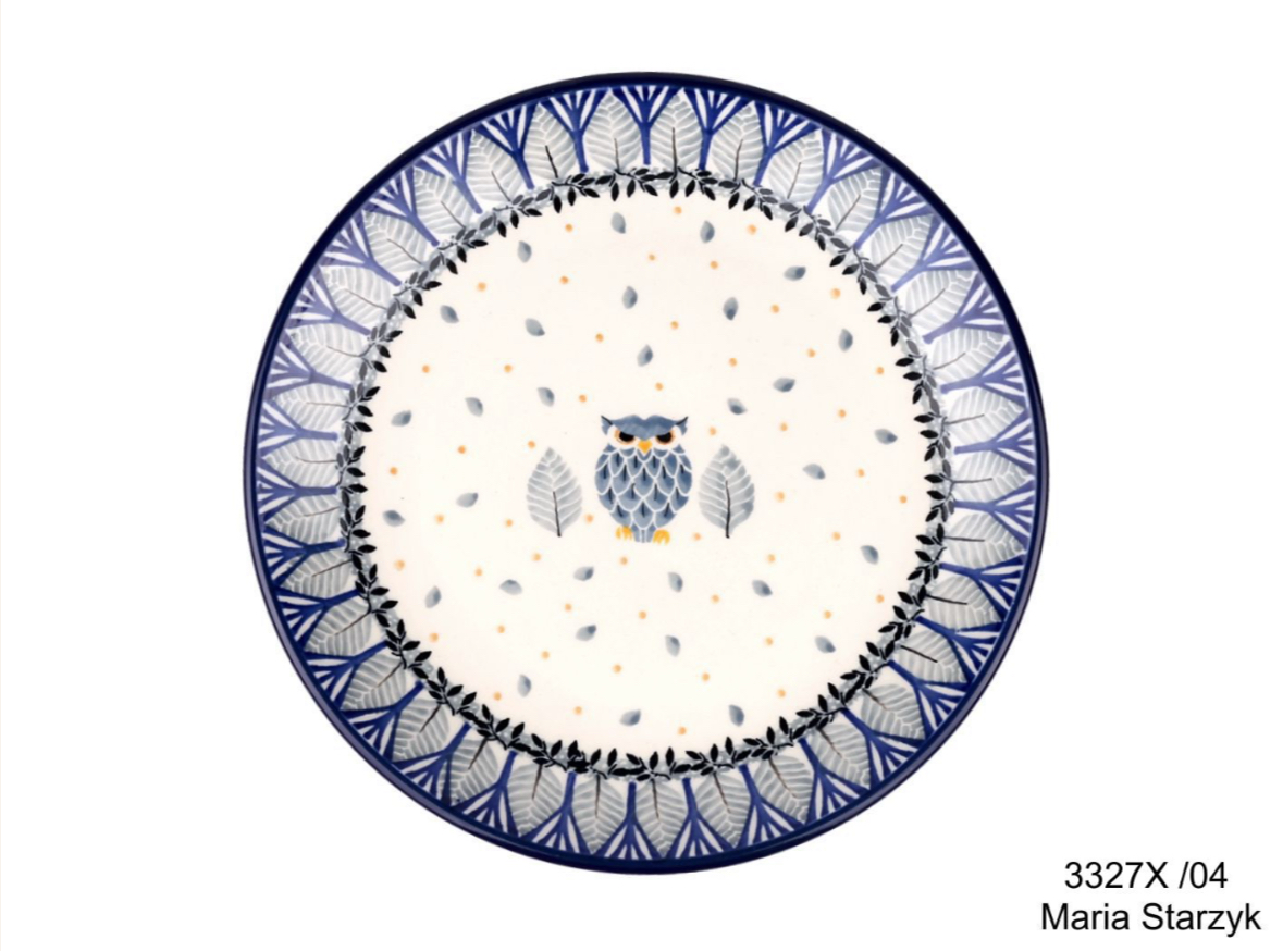 Bunzlau dessin 3327 bord blauwe grafische rand wit midden met uil