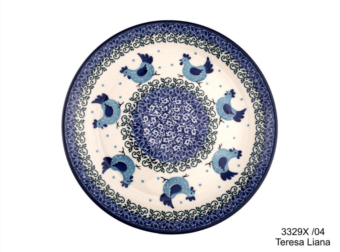 Bunzlau dessin 3329 blauw wit bord met kippetjes