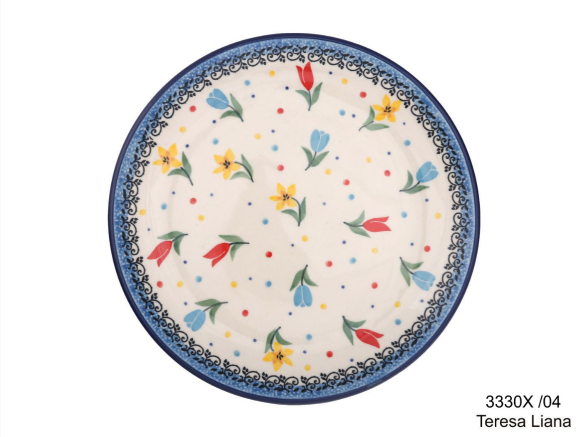 Bunzlau dessin 3330 wit bord met blauwe rand geel rood en blauwe stipjes en bloemetjes