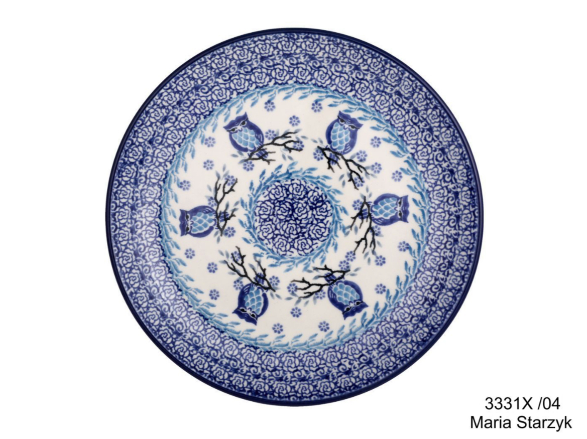 Bunzlau dessin 3331 blauw bord met wit midden met blauwe uiltjes