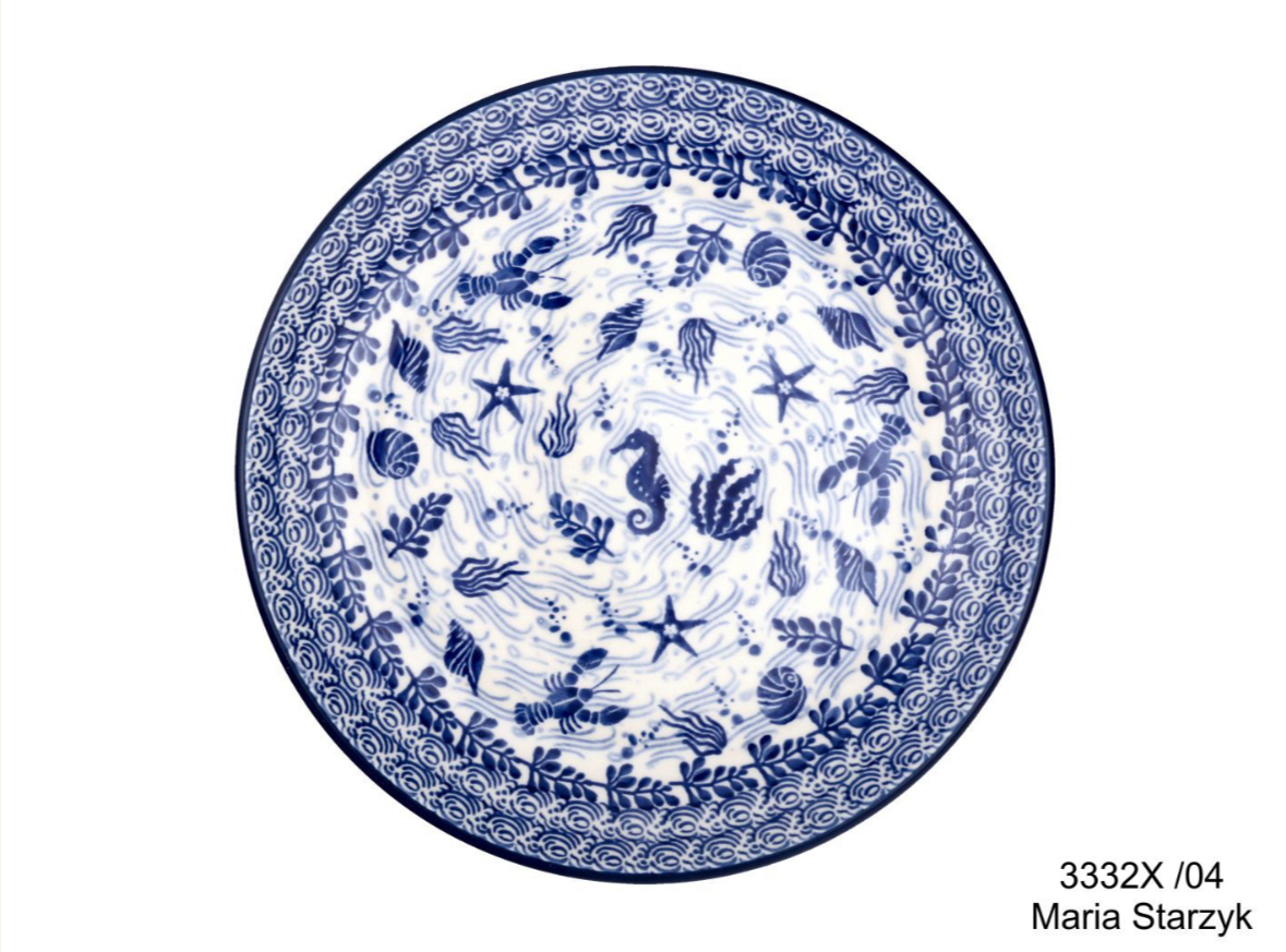 Bunzlau dessin 3332 blauw wit bord met blauwe schelpdieren