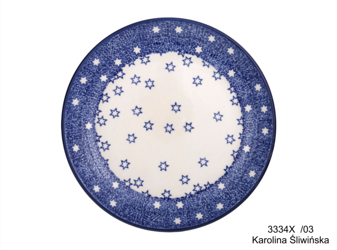 Bunzlau dessin 3334 bord blauwe rand met witte sterren, wit midden met blauwe sterren