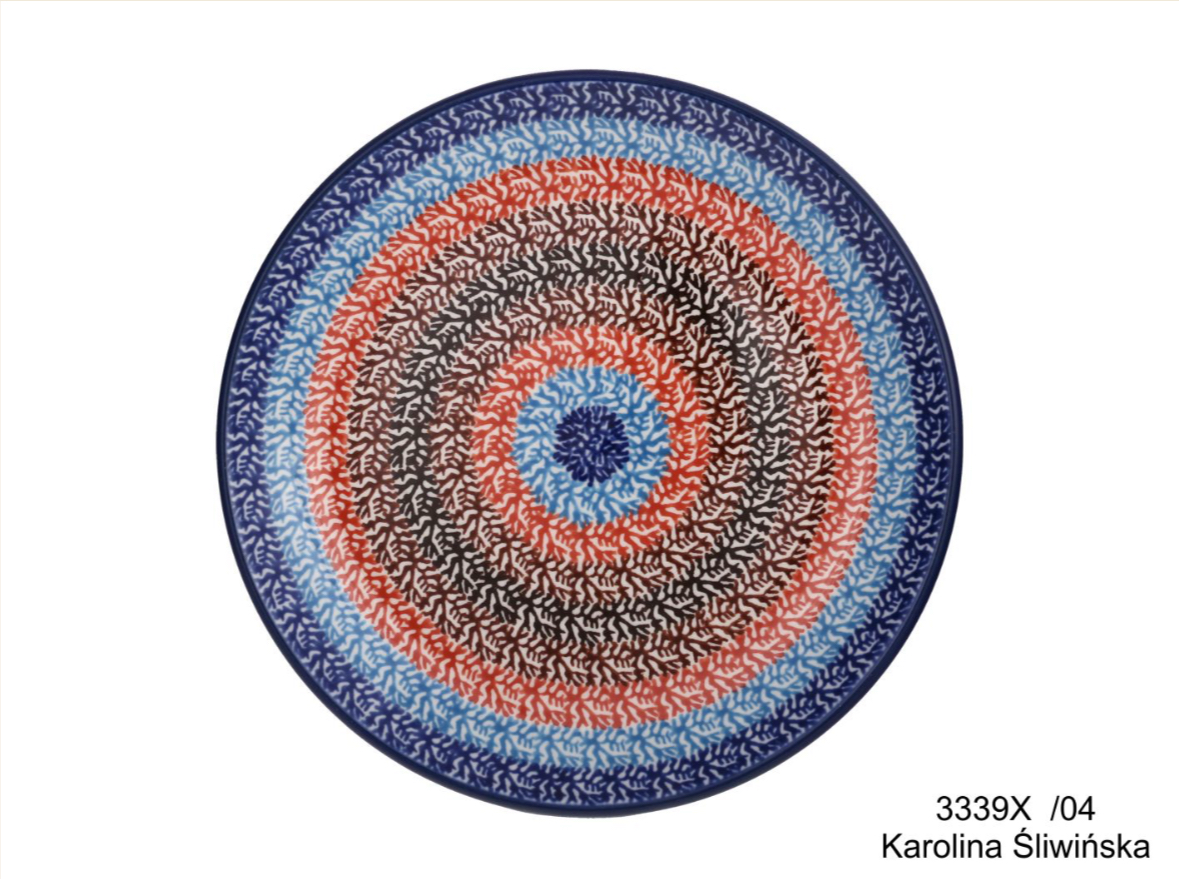 Bunzlau dessin 3339 blauw bord met bruine en rode cirkels