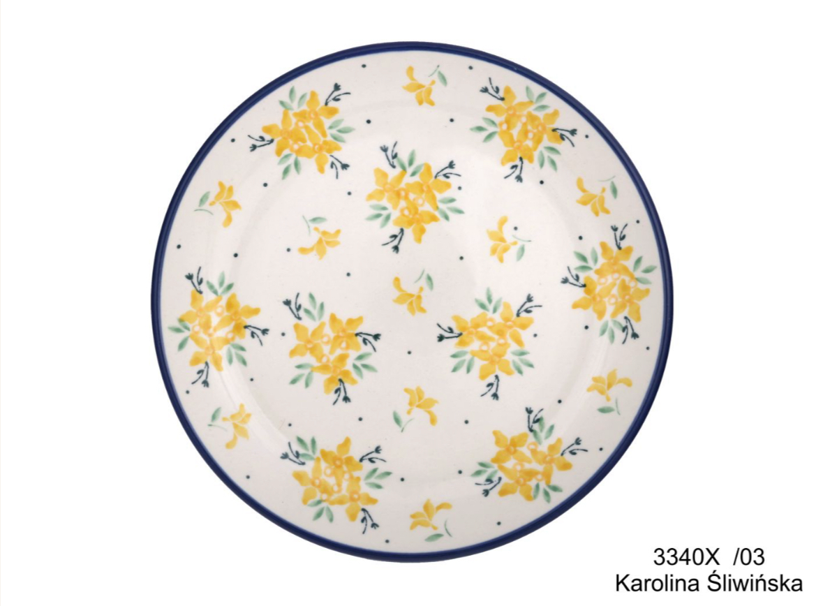 Bunzlau dessin 3340 wit bord met blauw stipje, gele bloemetjes en groene takjes